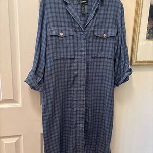 LRL Ralph Lauren Dress Women’s Blue Linen Button Up Plaid Shift Shirtdress Sz 10